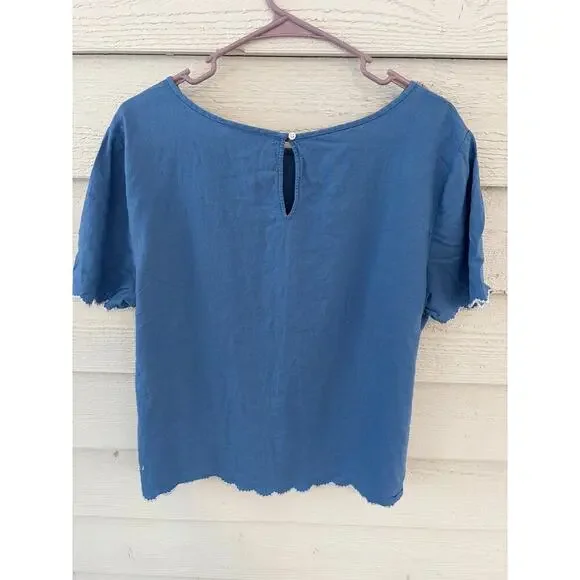 LOFT Outlet Blue Linen Blend Top XL Scalloped Hem Lightweight - Picture 6 of 6